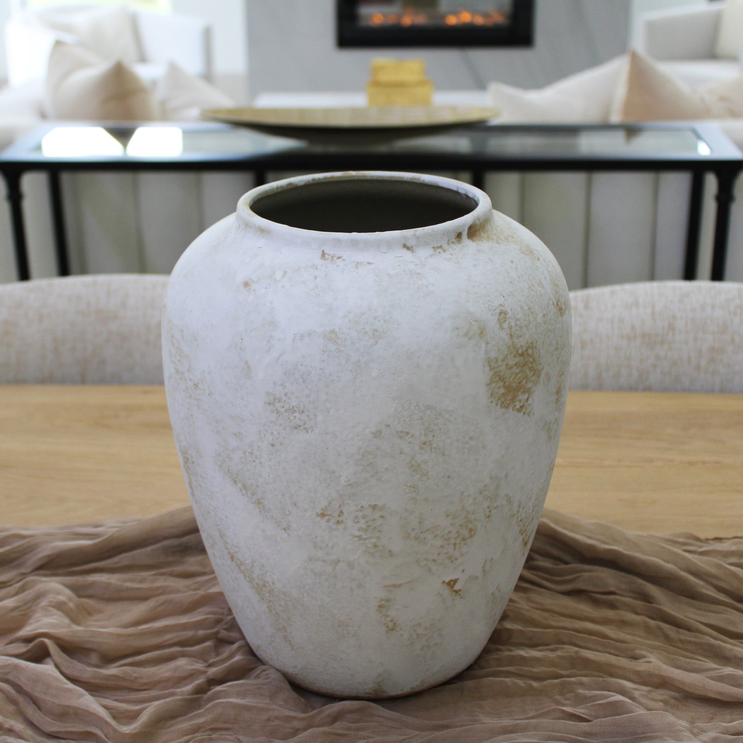 Elegant Cottage Mykono Handmade Vintage Terracotta Vase, Rustic Farmhouse Pottery White Washed Brush Stroke Vase