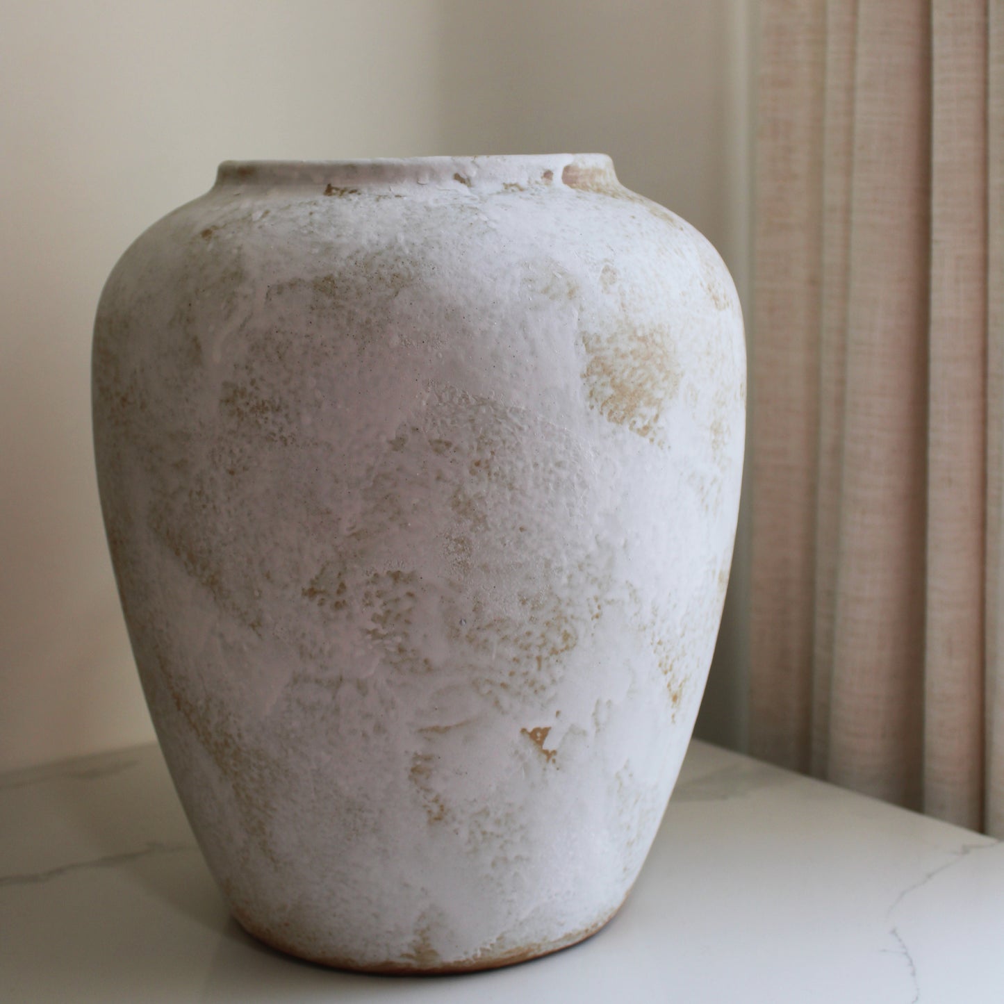 Elegant Cottage Mykono Handmade Vintage Terracotta Vase, Rustic Farmhouse Pottery White Washed Brush Stroke Vase